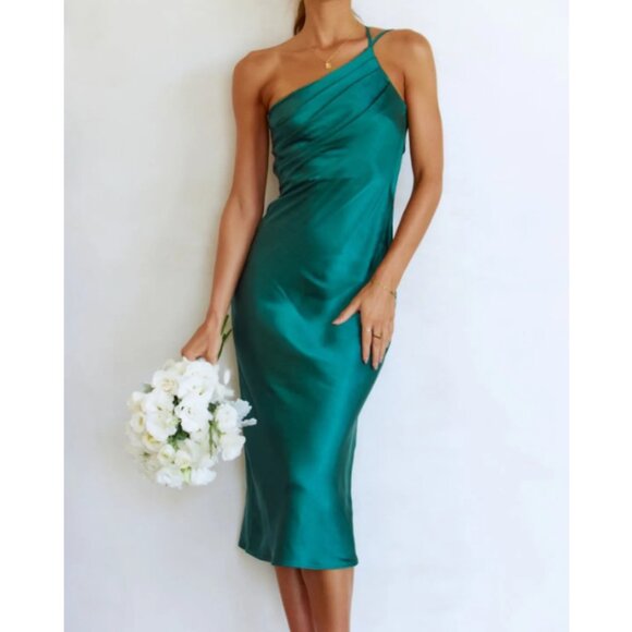 Silky One Shoulder Midi Dress - Emerald Green - Picture 1 of 8